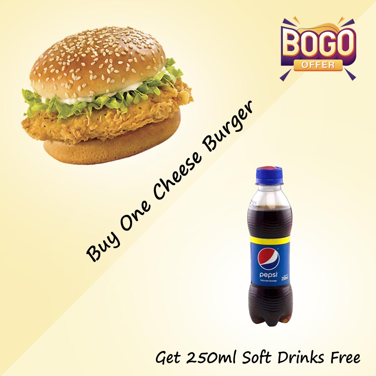 Buy One Spicy Zinger with Cheese Burger Get 250ml Soft Drinks Free